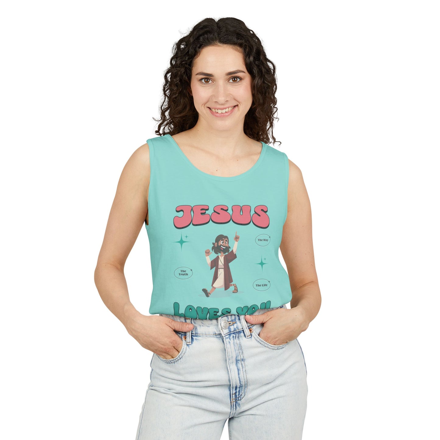 Jesus Loves You Follow Me for the Good Life Unisex Cotton Garment-Dyed Tank Top, Summer Wear