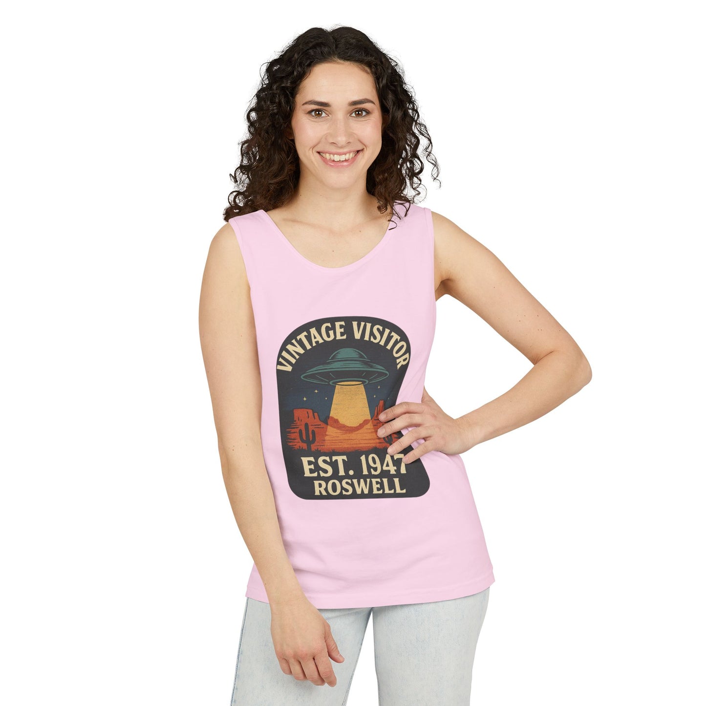 Vintage Visitor Est 1947 Roswell Unisex Cotton Garment-Dyed Tank Top, Alien Graphic Tee, Retro Summer Wear