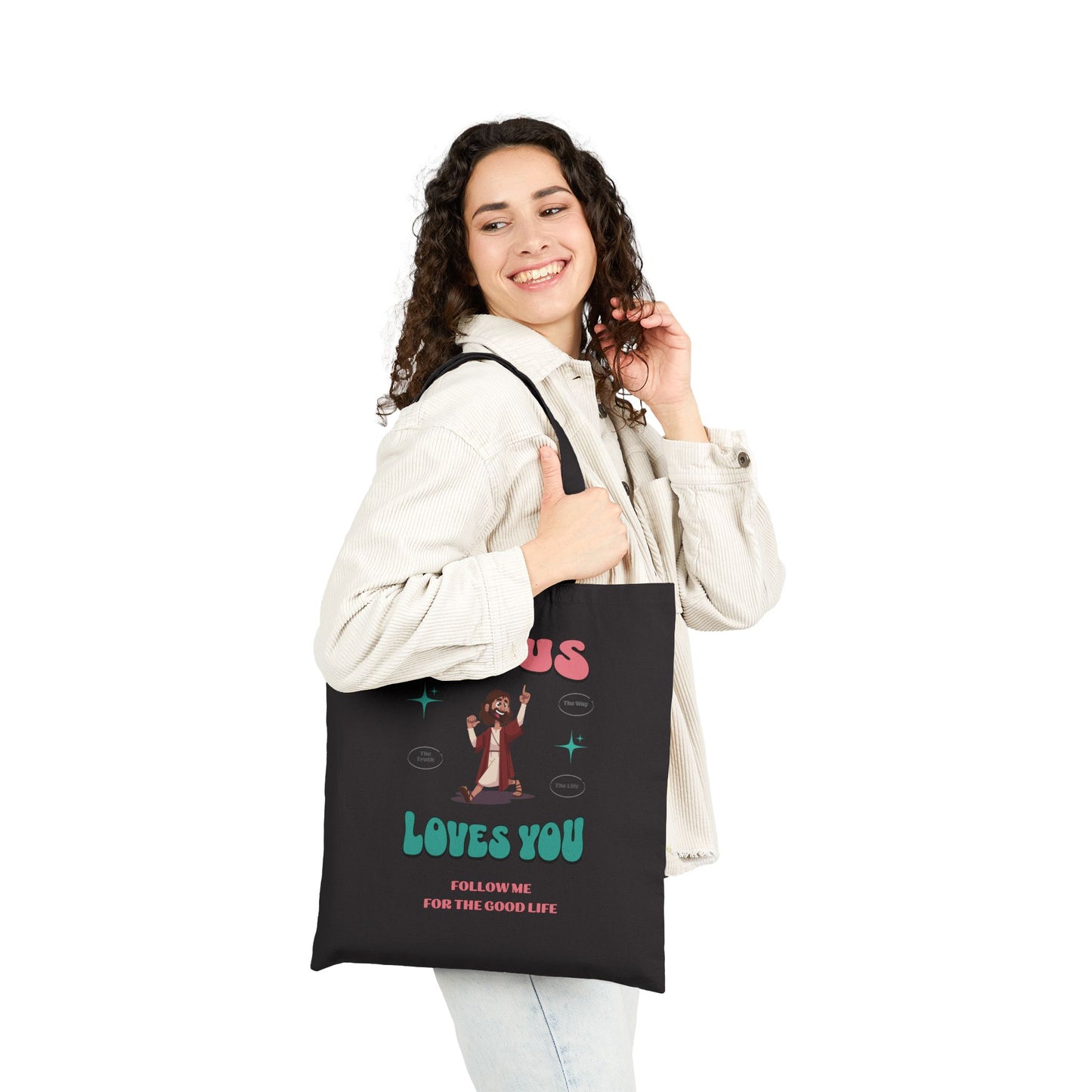 Jesus Loves You Follow Me for the Good Life Cotton Canvas Tote Bag, Inspirational Gift, Bible Verse Bag