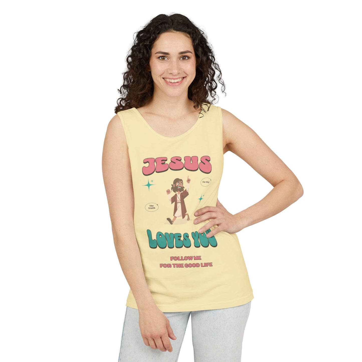 Jesus Loves You Follow Me for the Good Life Unisex Cotton Garment-Dyed Tank Top, Summer Wear