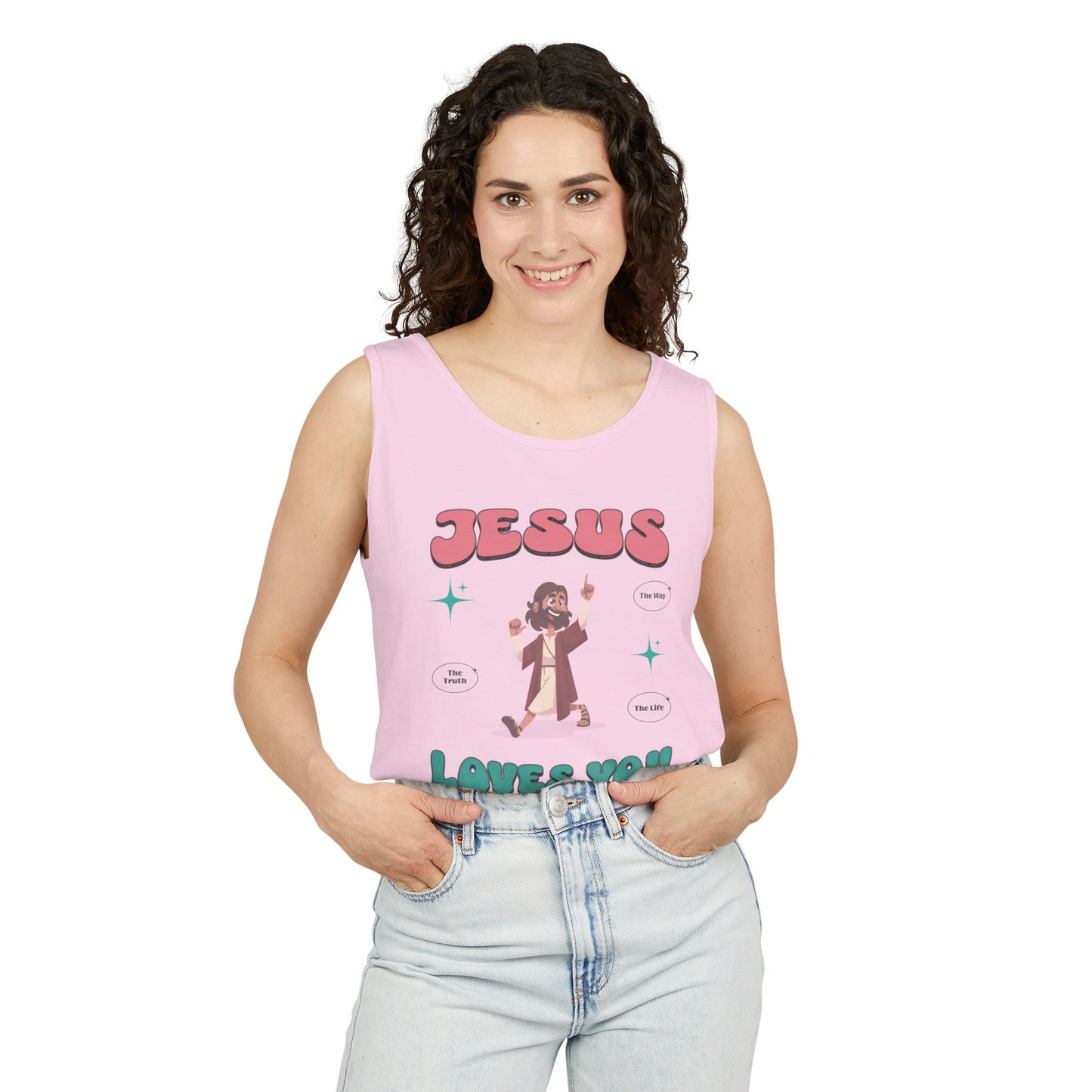 Jesus Loves You Follow Me for the Good Life Unisex Cotton Garment-Dyed Tank Top, Summer Wear