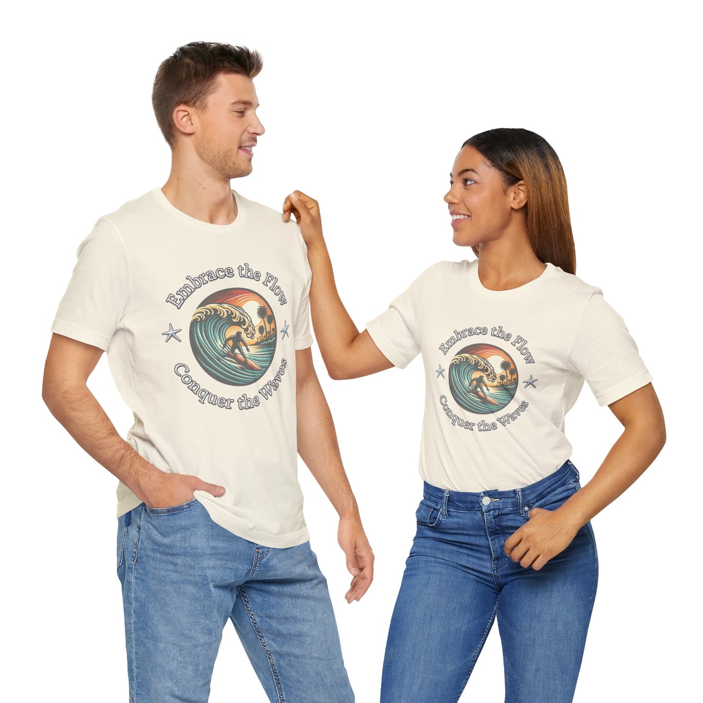 Embrace the Flow Conquer the Wave Cotton Unisex Jersey T-Shirt, Surf-Inspired Beachwear, Gift for Surfers, Casual Summer Top, Surfing Lifestyle