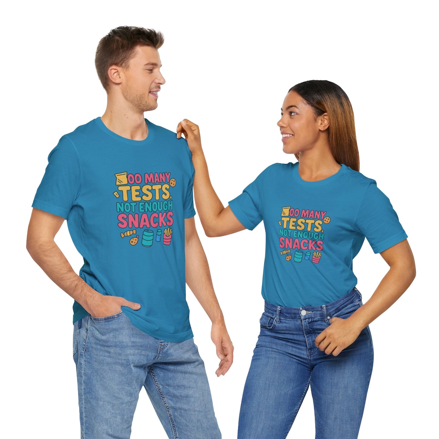 Too Many Tests Not Enough Snacks Unisex Cotton T Shirt, Perfect for Students, Study Breaks, Back-to-School and Birthday Gifts