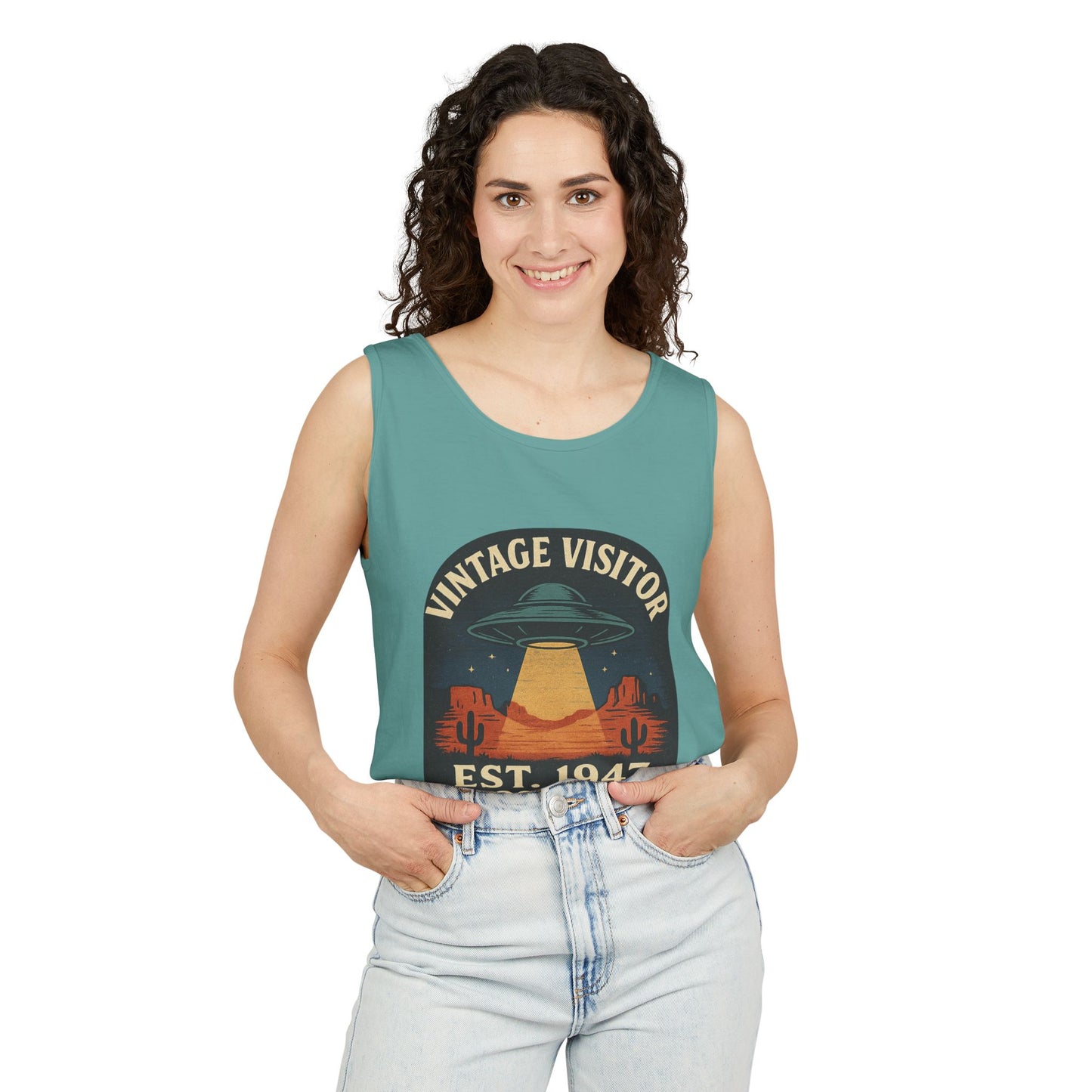 Vintage Visitor Est 1947 Roswell Unisex Cotton Garment-Dyed Tank Top, Alien Graphic Tee, Retro Summer Wear