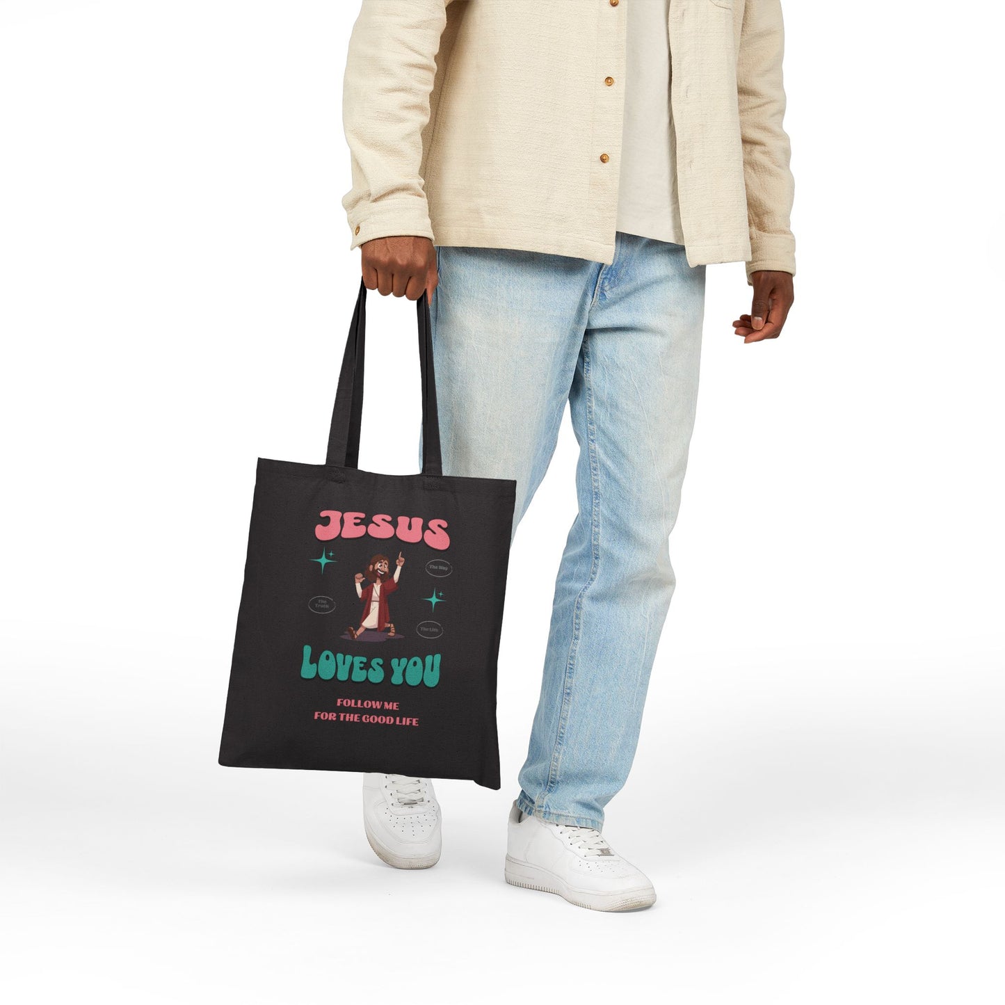Jesus Loves You Follow Me for the Good Life Cotton Canvas Tote Bag, Inspirational Gift, Bible Verse Bag