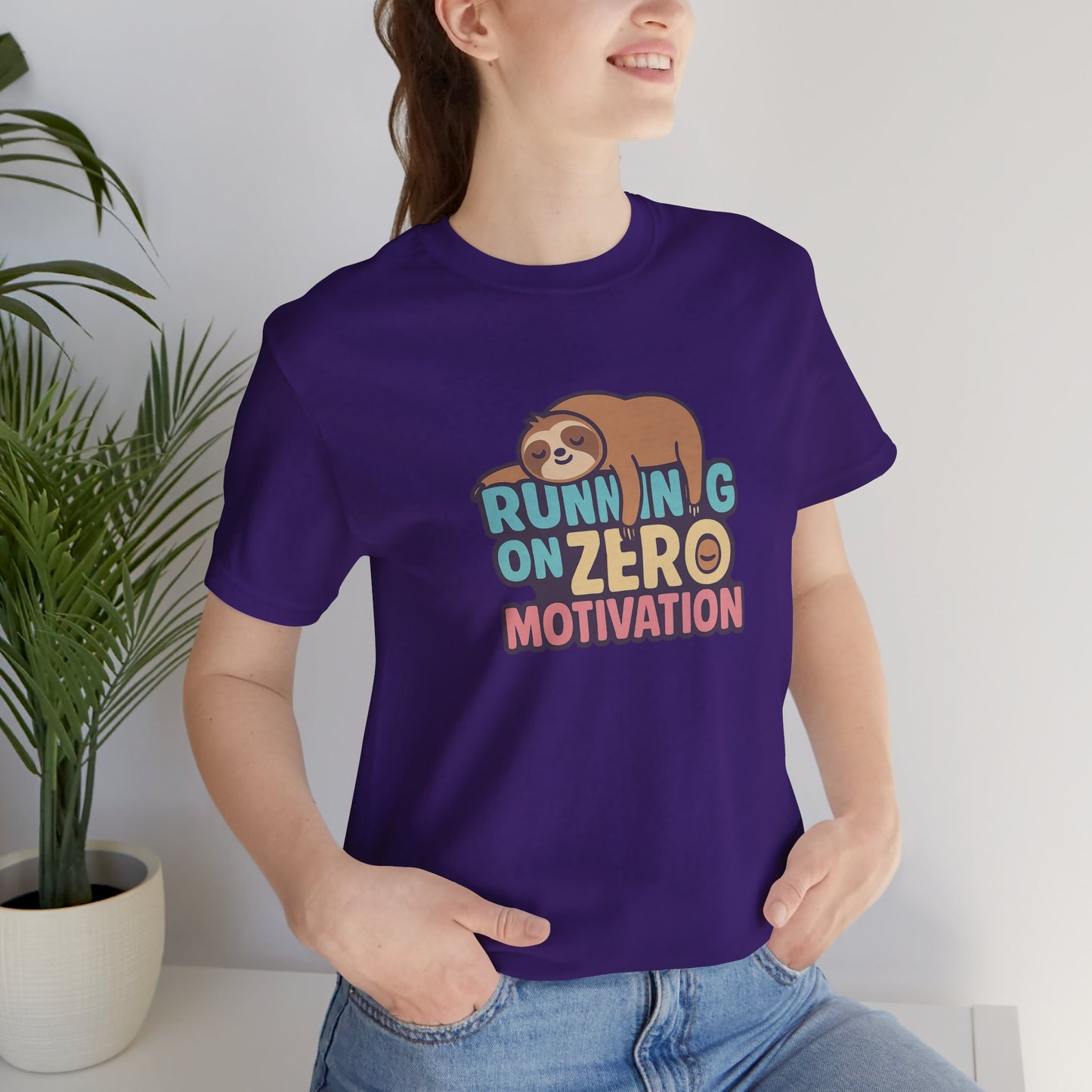 Running on Zero Motivation Unisex Cotton T-Shirt, Gift for Laziness Lovers, Funny Sloth