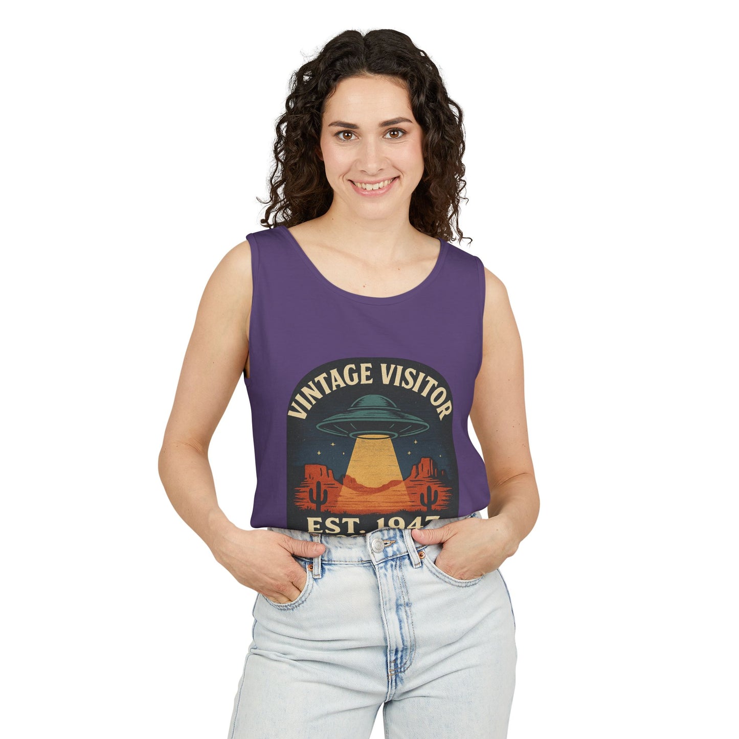 Vintage Visitor Est 1947 Roswell Unisex Cotton Garment-Dyed Tank Top, Alien Graphic Tee, Retro Summer Wear