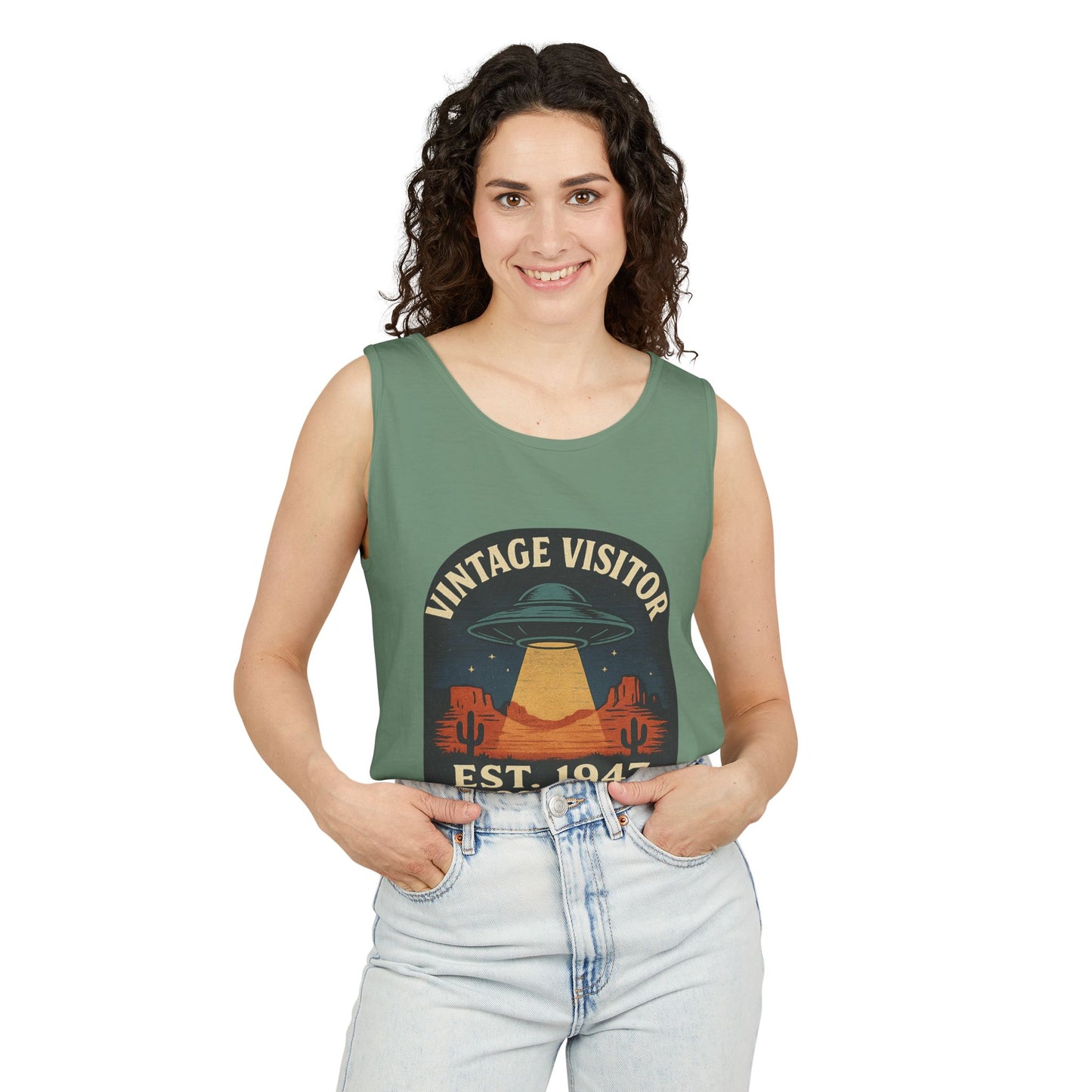 Vintage Visitor Est 1947 Roswell Unisex Cotton Garment-Dyed Tank Top, Alien Graphic Tee, Retro Summer Wear