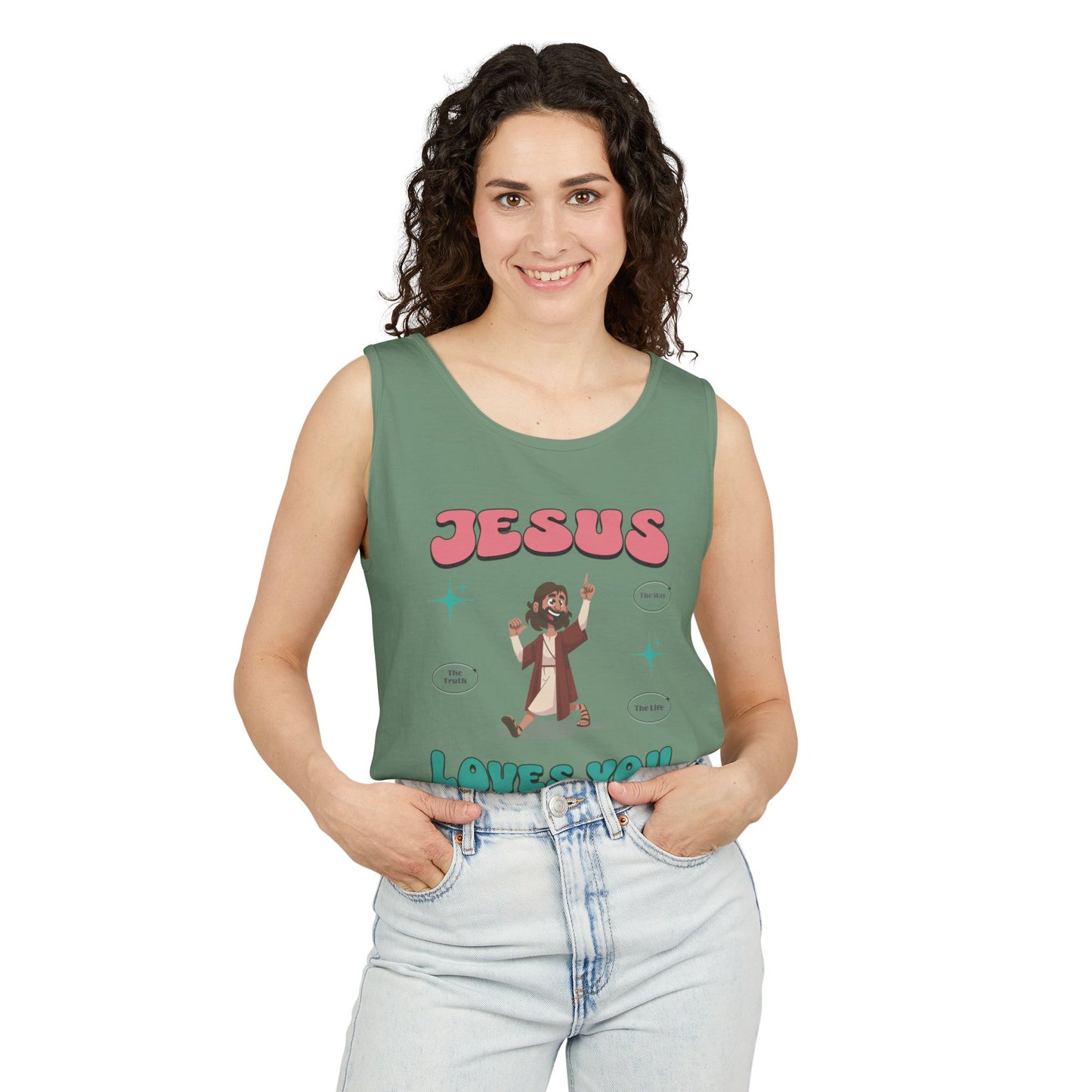 Jesus Loves You Follow Me for the Good Life Unisex Cotton Garment-Dyed Tank Top, Summer Wear