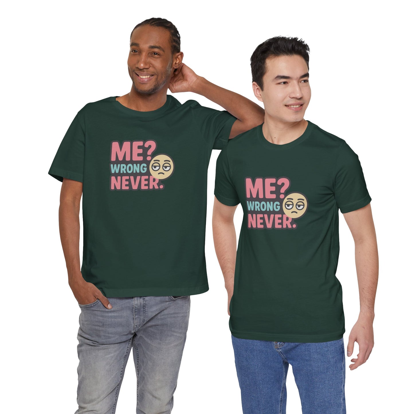 Me? Wrong Never Unisex Cotton T-Shirt, Cool Tee for Friends, Great Gift for Birthdays, Emoji