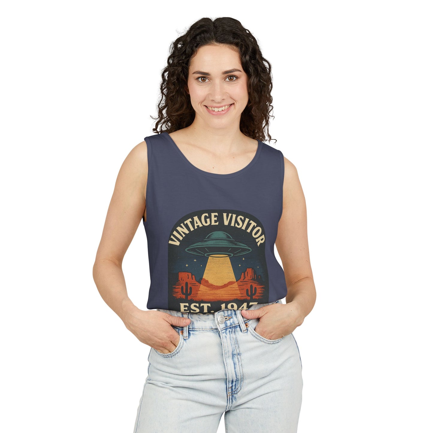 Vintage Visitor Est 1947 Roswell Unisex Cotton Garment-Dyed Tank Top, Alien Graphic Tee, Retro Summer Wear