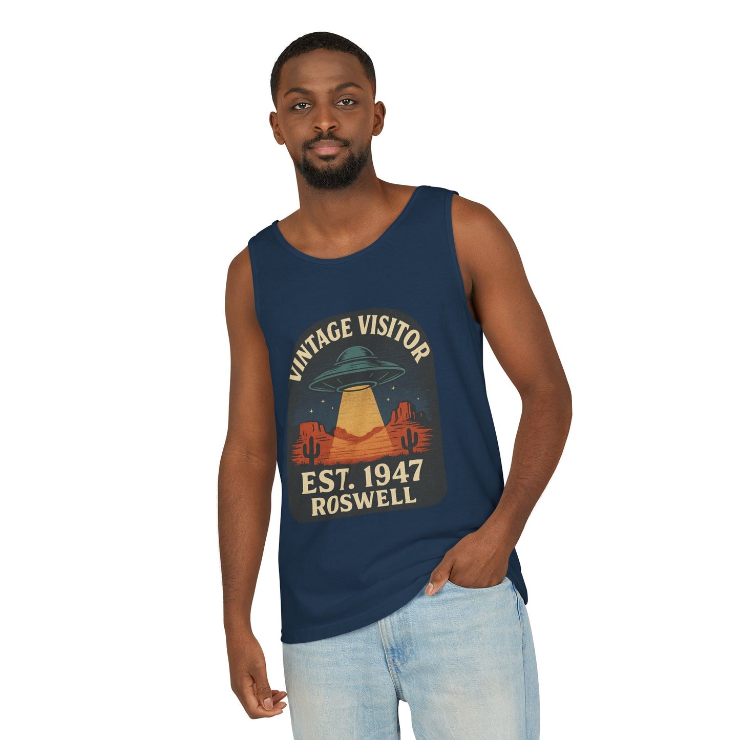Vintage Visitor Est 1947 Roswell Unisex Cotton Garment-Dyed Tank Top, Alien Graphic Tee, Retro Summer Wear