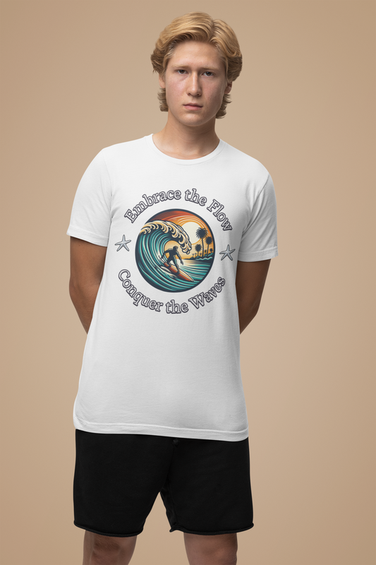 Embrace the Flow Conquer the Wave Cotton Unisex Jersey T-Shirt, Surf-Inspired Beachwear, Gift for Surfers, Casual Summer Top, Surfing Lifestyle