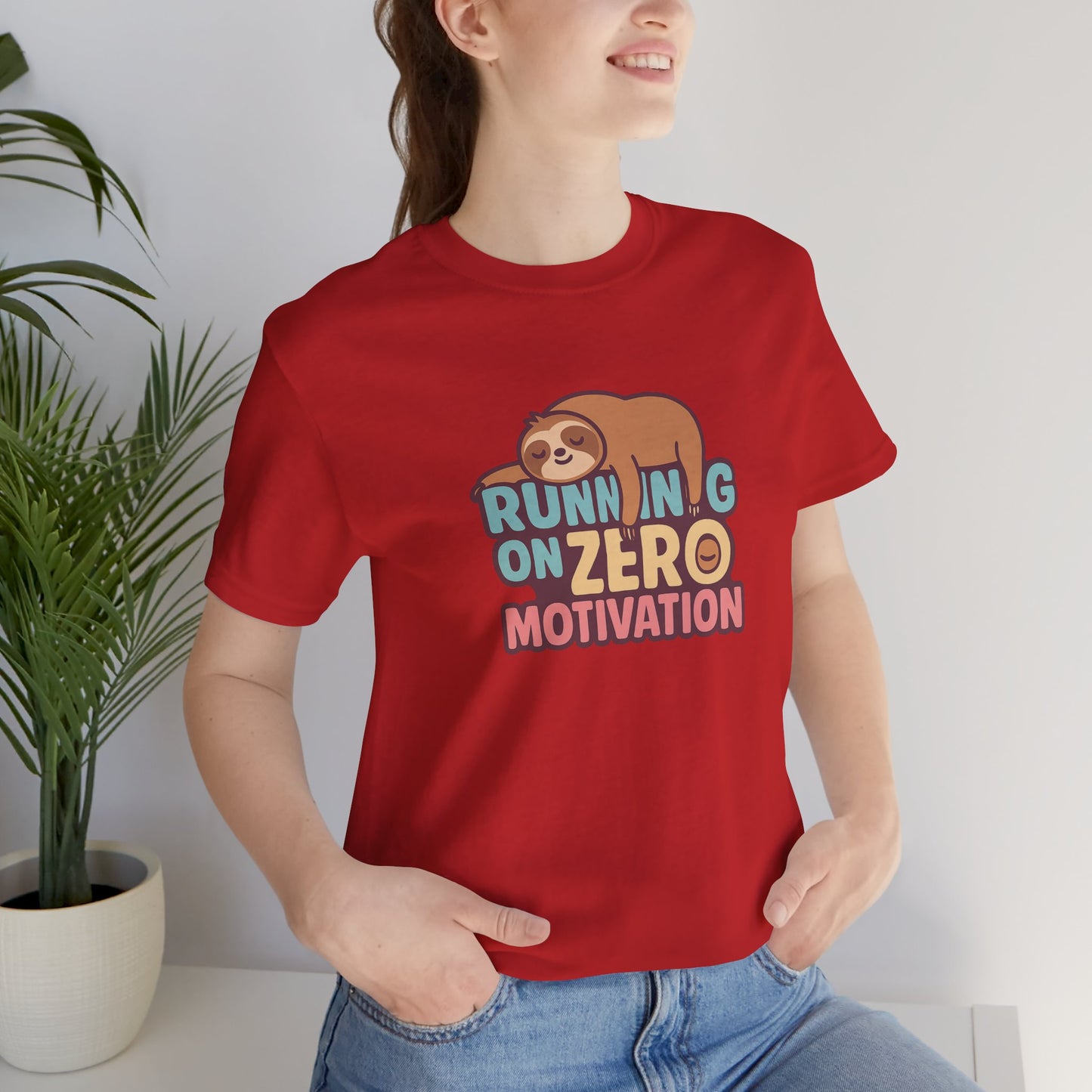 Running on Zero Motivation Unisex Cotton T-Shirt, Gift for Laziness Lovers, Funny Sloth