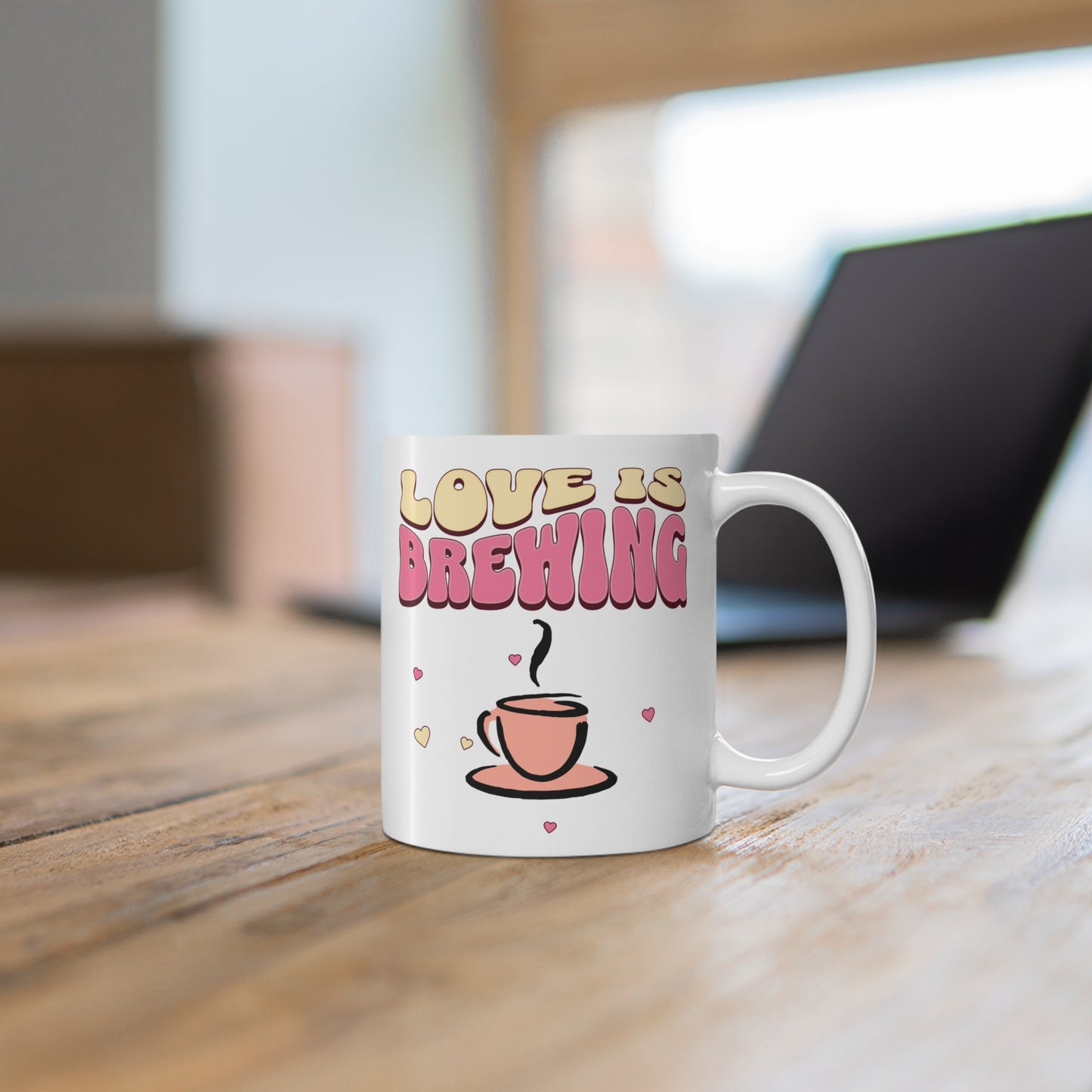 Love is Brewing Coffee Mug 11 oz - Cute Tea Cup, Romantic Gift, Funny Quote, Ceramic Drinkware, Valentine's Day Present