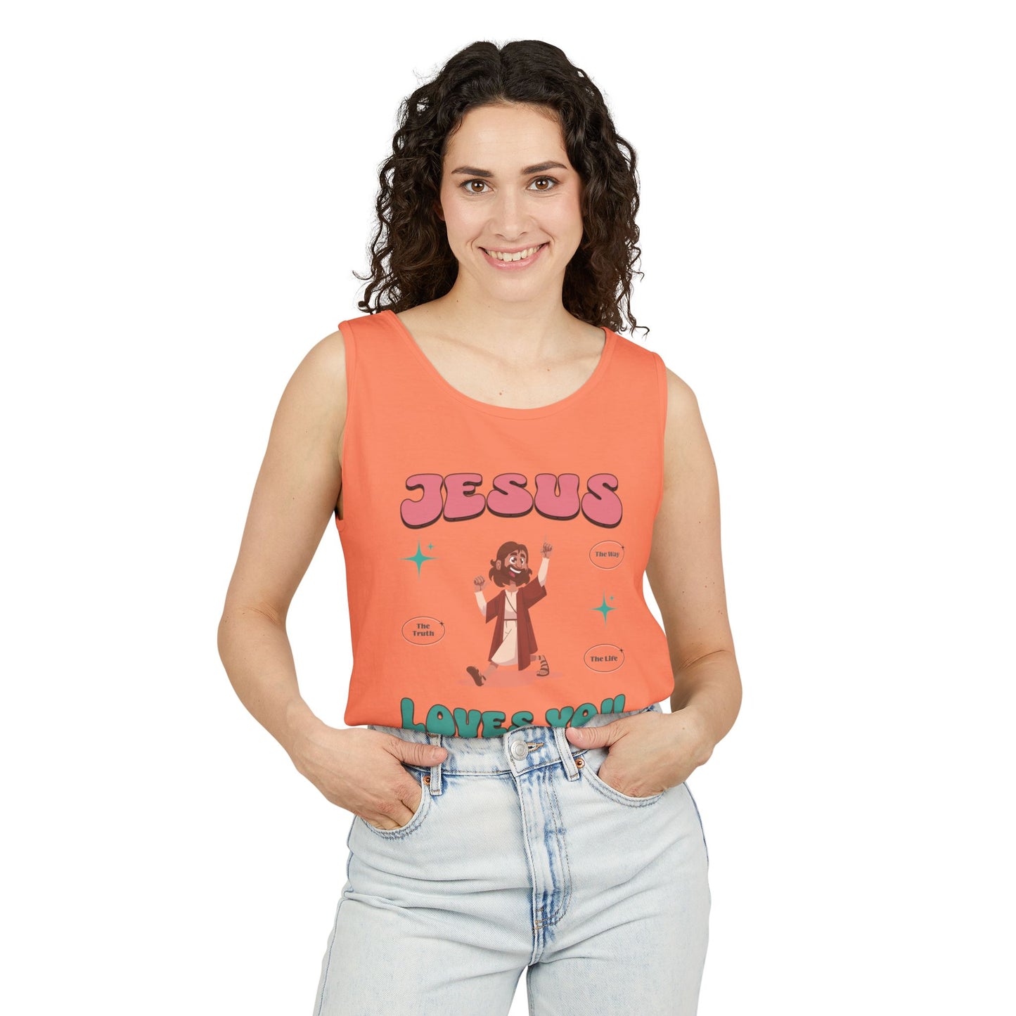 Jesus Loves You Follow Me for the Good Life Unisex Cotton Garment-Dyed Tank Top, Summer Wear