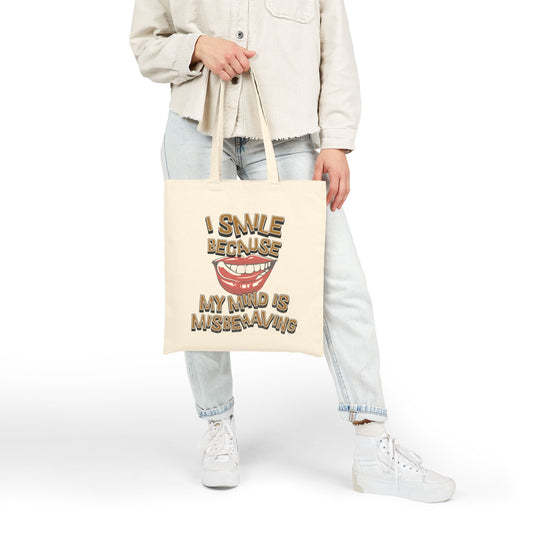 I Smile Because My Mind Is Misbehaving Canvas Shoulder Tote Bag, Eco-Friendly Shopping Bag, Reusable Grocery Tote,