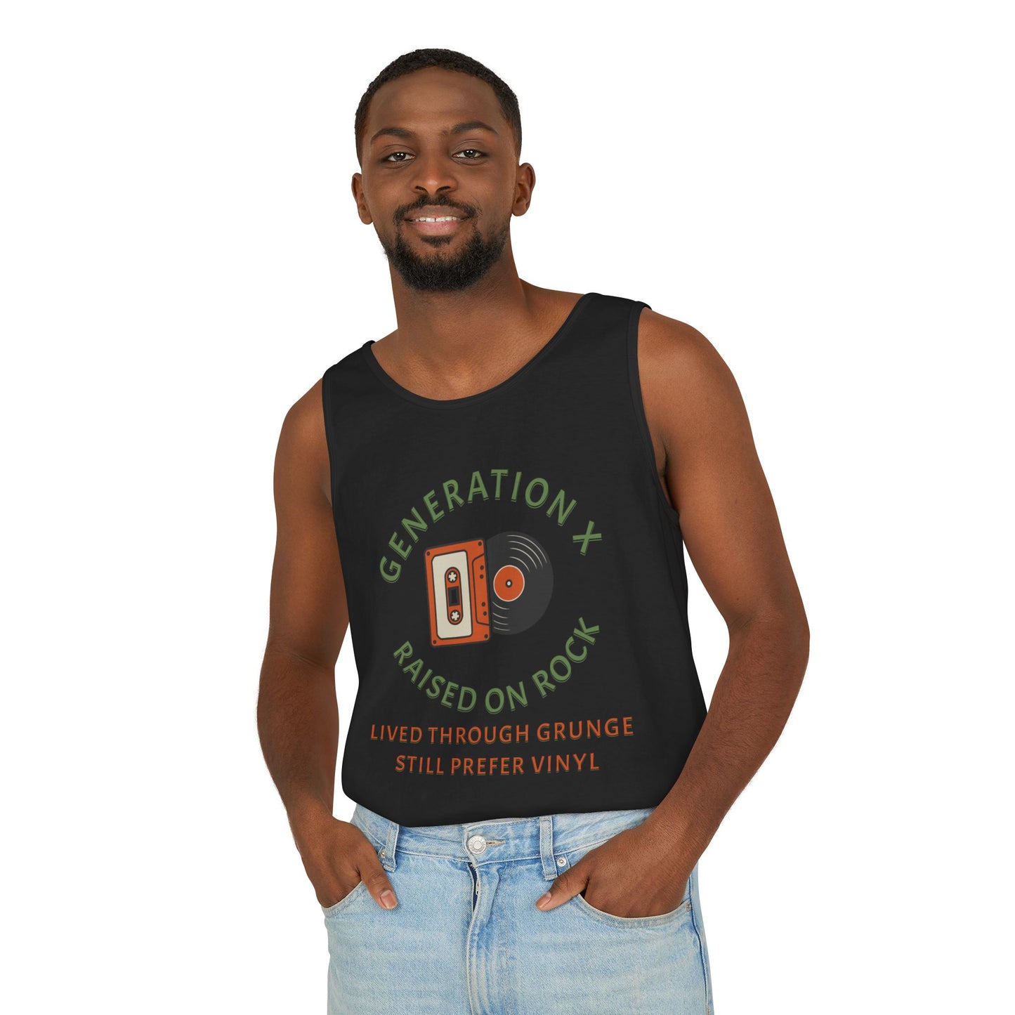 Generation X Raised on Rock Unisex Cotton Garment-Dyed Tank Top - Retro Vinyl, Grunge Music Lovers, Music Enthusiasts