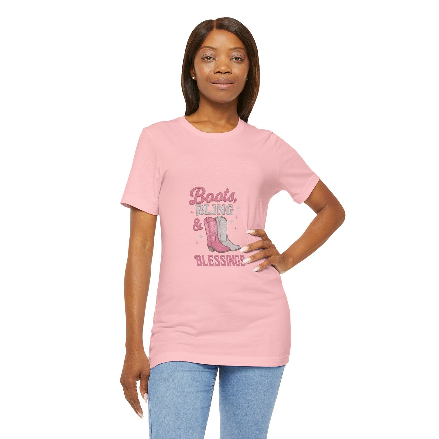 Boots, Bling & Blessings — Glam Cowgirl Faith T-Shirt | Pink & Silver Western Christian Tee