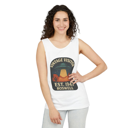 Vintage Visitor Est 1947 Roswell Unisex Cotton Garment-Dyed Tank Top, Alien Graphic Tee, Retro Summer Wear