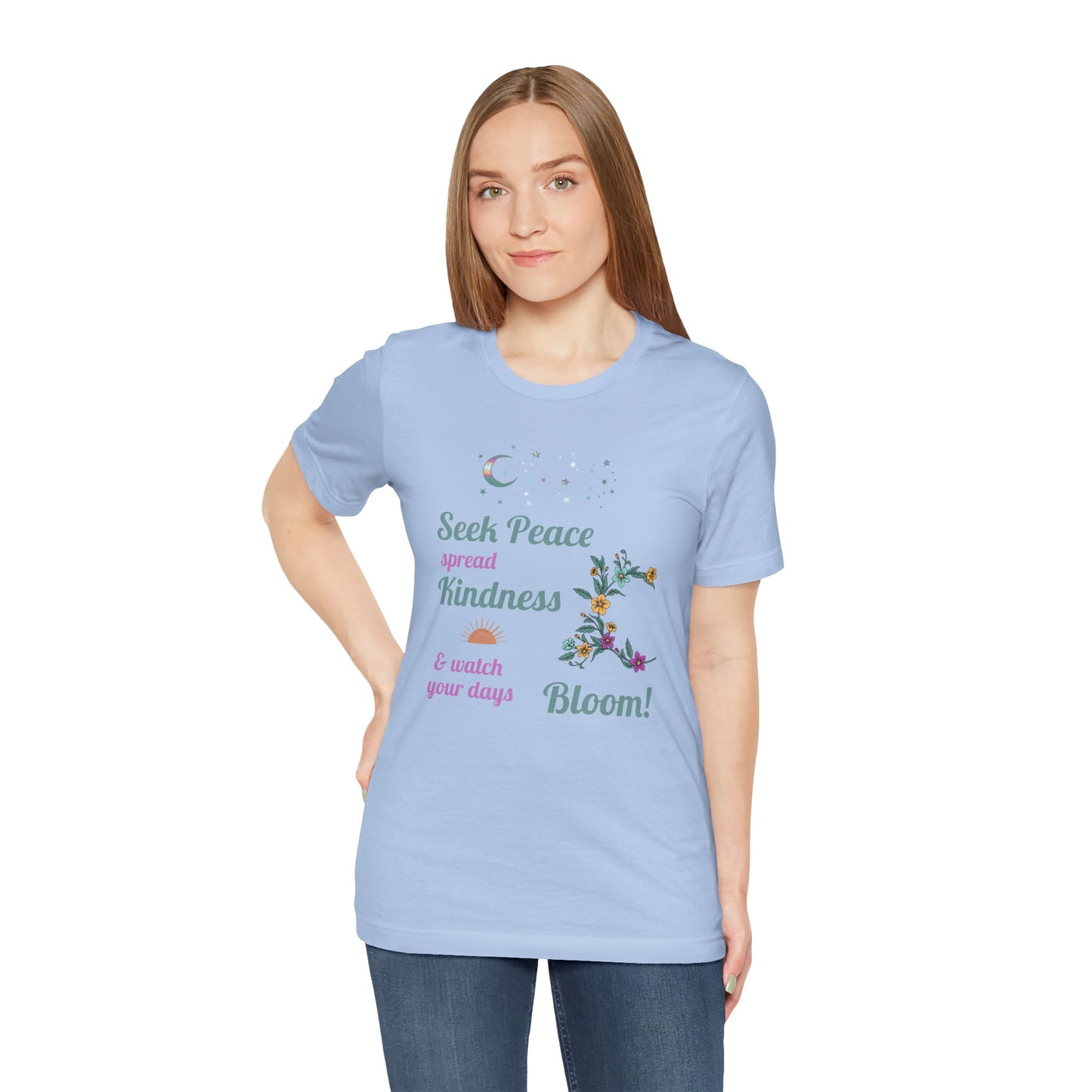Seek Peace Spread Kindness & Watch Your Days Bloom Unisex Cotton Jersey T-Shirt – Scripture Inspired Floral Style