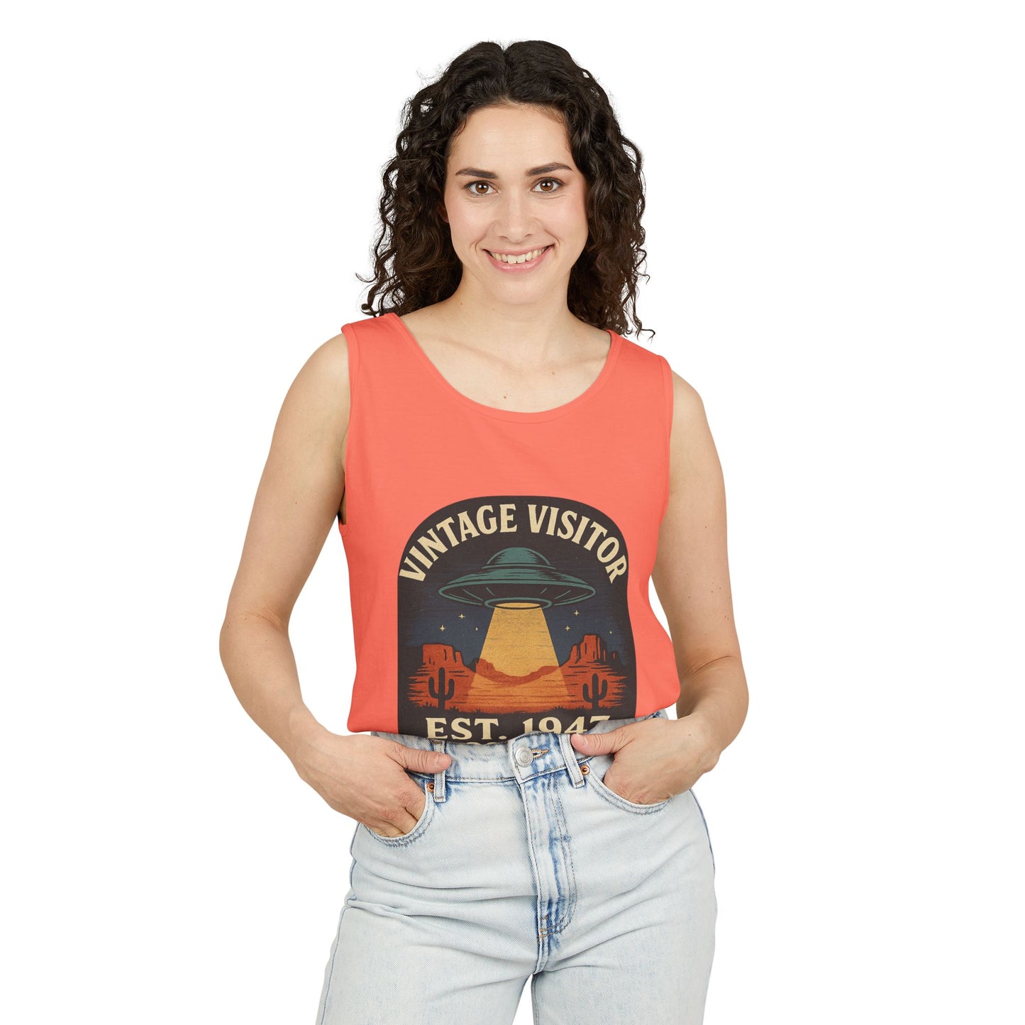 Vintage Visitor Est 1947 Roswell Unisex Cotton Garment-Dyed Tank Top, Alien Graphic Tee, Retro Summer Wear