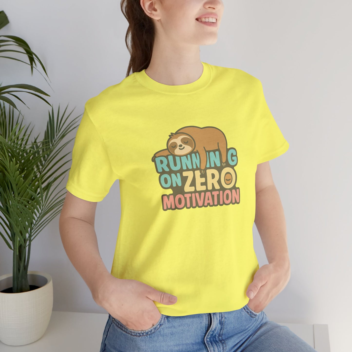 Running on Zero Motivation Unisex Cotton T-Shirt, Gift for Laziness Lovers, Funny Sloth