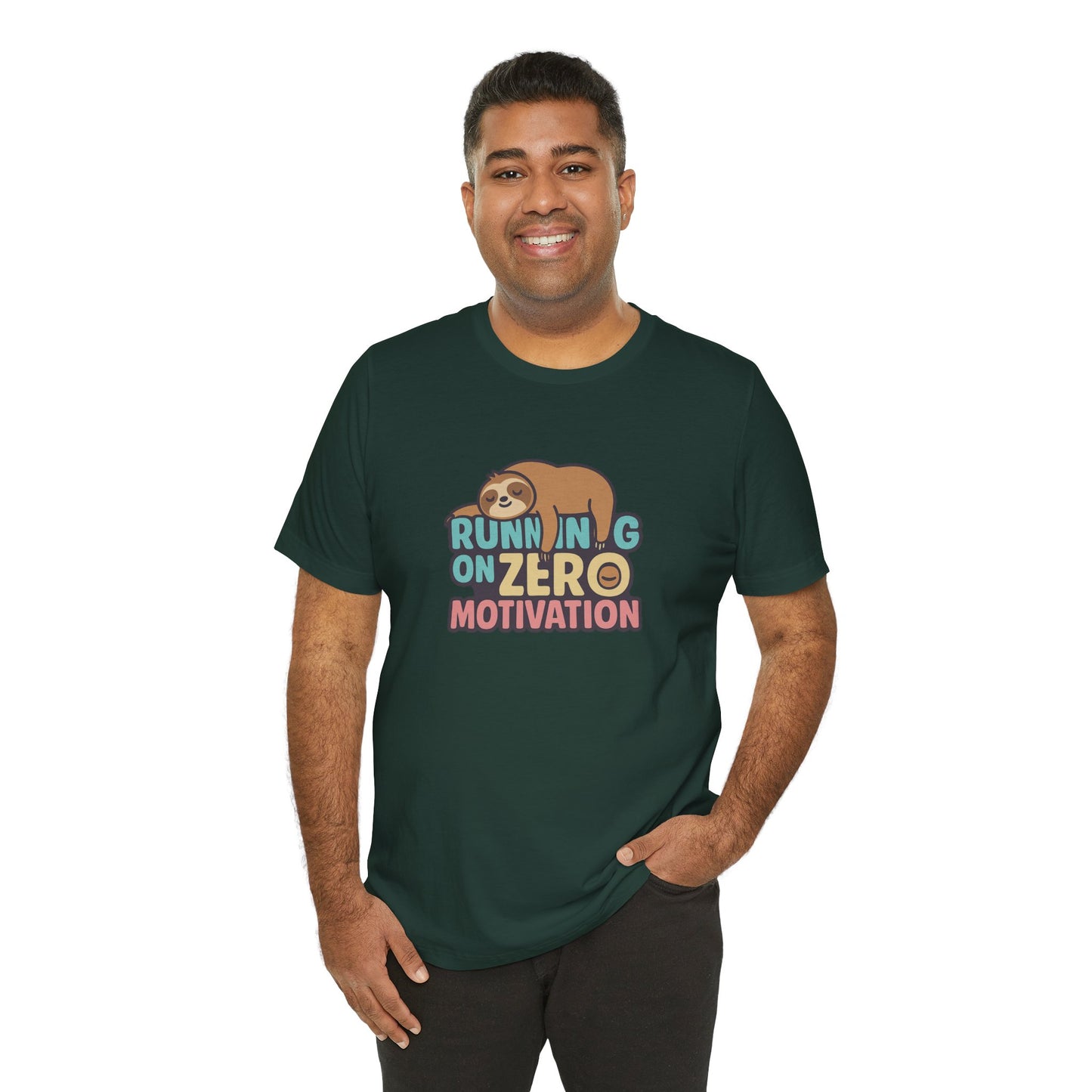 Running on Zero Motivation Unisex Cotton T-Shirt, Gift for Laziness Lovers, Funny Sloth