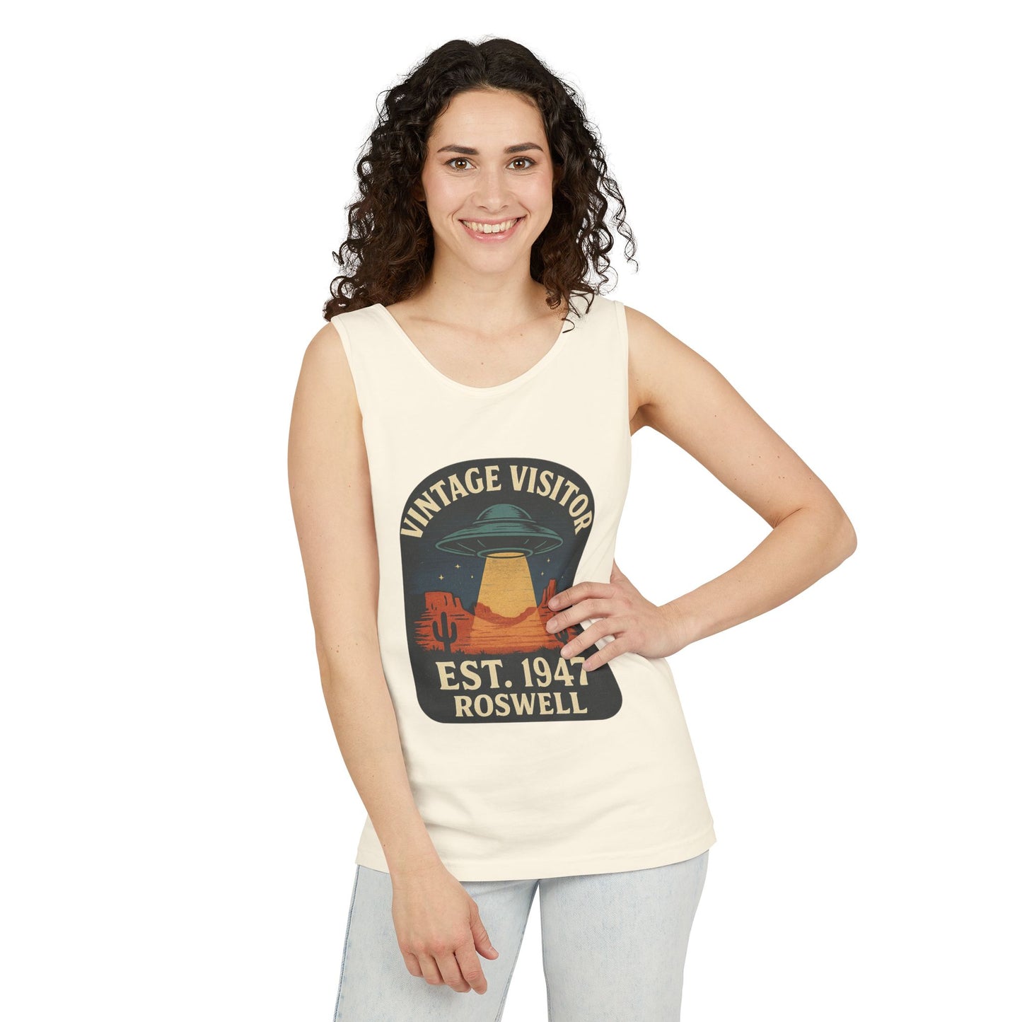 Vintage Visitor Est 1947 Roswell Unisex Cotton Garment-Dyed Tank Top, Alien Graphic Tee, Retro Summer Wear