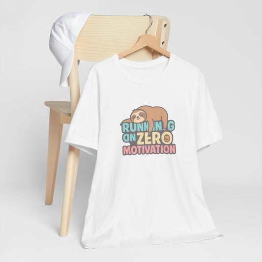 Running on Zero Motivation Unisex Cotton T-Shirt, Gift for Laziness Lovers, Funny Sloth