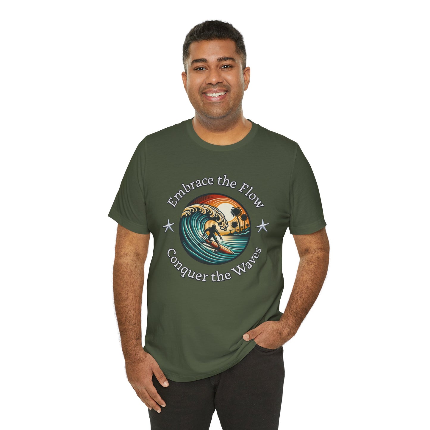 Embrace the Flow Conquer the Wave Cotton Unisex Jersey T-Shirt, Surf-Inspired Beachwear, Gift for Surfers, Casual Summer Top, Surfing Lifestyle