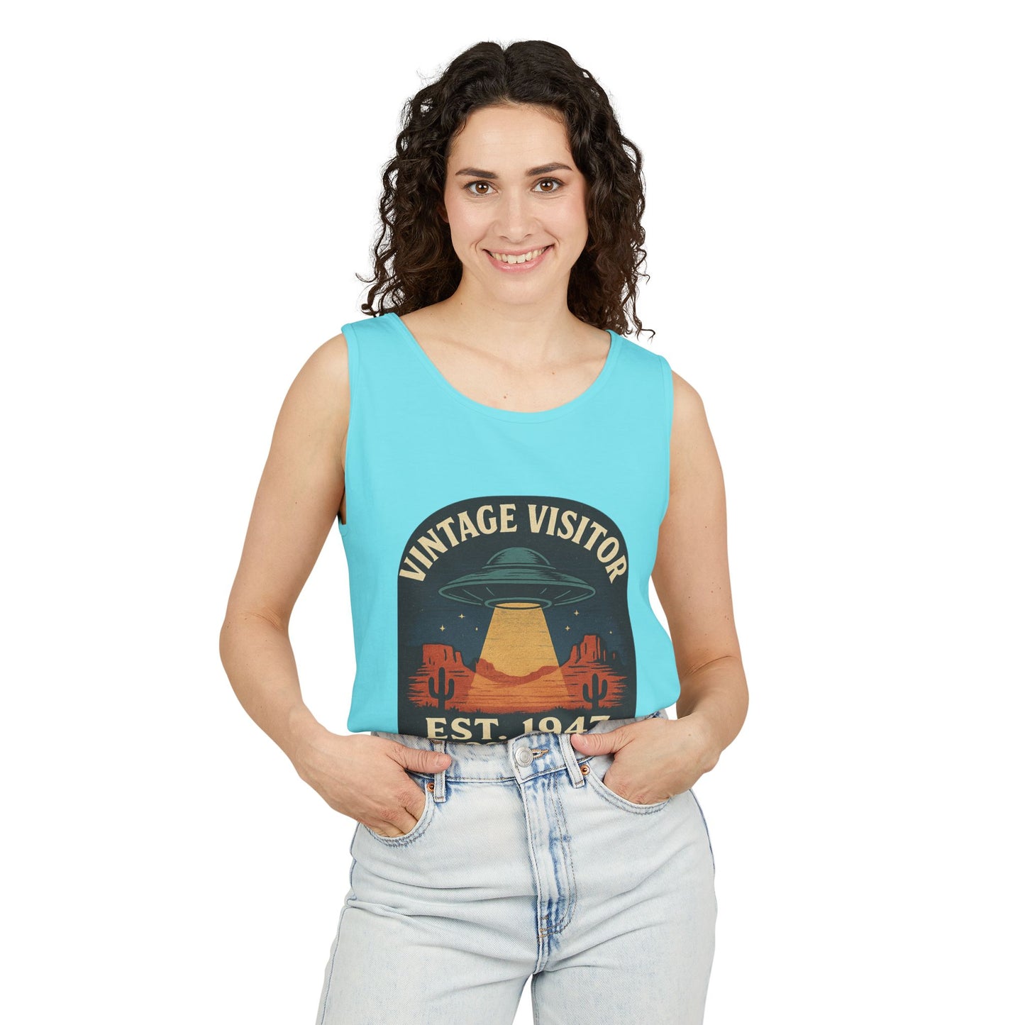 Vintage Visitor Est 1947 Roswell Unisex Cotton Garment-Dyed Tank Top, Alien Graphic Tee, Retro Summer Wear
